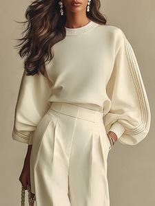 <span class=keywords><strong>Ensemble</strong></span> 2 pièces pour <span class=keywords><strong>femme</strong></span>, haut en tricot à manches lanternes blanc crème, pantalon à taille haute et jambes larges, <span class=keywords><strong>ensemble</strong></span> élégant et décontracté - Product Image 1