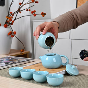 Ensemble de tasses à thé en céramique faites à <span class=keywords><strong>la</strong></span> main, vertes et simples, avec boîte cadeau, tasses à thé Kung Fu portables pour le camping en plein air, <span class=keywords><strong>la</strong></span> maison ou comme cadeau - Product Image 4