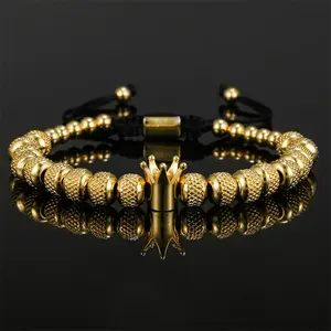 Vintage Copper Crown Bracelet Stainless Steel Beaded Pineapple Beads Men's Woven Adjustable Bracelet