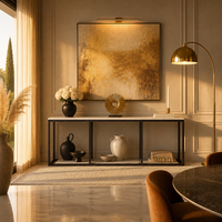 Table console à plateau en marbre et structure en fer forgé à la main, texturée et côtelée, pour la décoration de salon de villa