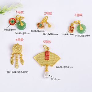 Pendentif en jade incrusté de style antique en forme d'éventail avec motif bambou pour la fabrication de bijoux DIY, accessoire unisexe - Product Image 2