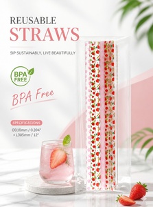 再利用可能なプリント入りプラスチックタンブラーストローセット6個入り パウ・ローズ・アップルペンシル柄 ドリンクストロー クリーニングブラシ1本付き - Product Image 2