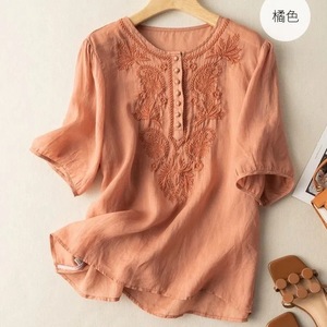 Women's Embroidered Round Neck Blouse Khaki Cotton Linen Loose Fit Vintage Style Everyday Wear - Product Image 4