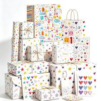 Papier d'emballage artistique recyclable coloré à motifs étoiles et cœurs 80 g/m² avec sacs cadeaux assortis et étiquettes suspendues pour anniversaire d'enfants