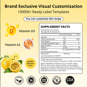 Gomitas de Vitamina D3 5000 UI K2 MK-7 de Marca Privada OEM y ODM, 90 Unidades, Sin Azúcar, Apoyo para Huesos e Inmunidad, a Granel - Product Image 2