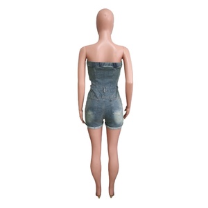 Viviblook Z605RP01 2025 Summer Casual Cargo Denim <b>Rompers</b> Casual Strapless Button Slim Fit One Piece Plus Size <b>Romper</b> for Women - Product Image 4
