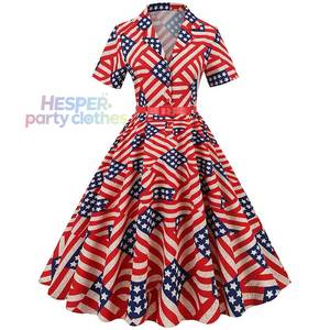 Robe longue décontractée taille haute HP, style Hepburn, élégante, pour femme, imprimé drapeau américain, costumes rétro d'Halloween, 100 % coton, en promotion - Product Image 1