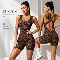 Combinaison de yoga une pièce pour femme, imprimé léopard, dos nu, effet froncé aux fesses, avec logo personnalisé, pour la gym, l'entraînement et le fitness