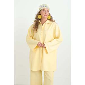 LOREEN Women's Button Detail Oversize Shirt and <b>Trousers</b> Set - Comfortable Casual Two-Piece Outfit in Yellow for Daily Wear - Product Image 4