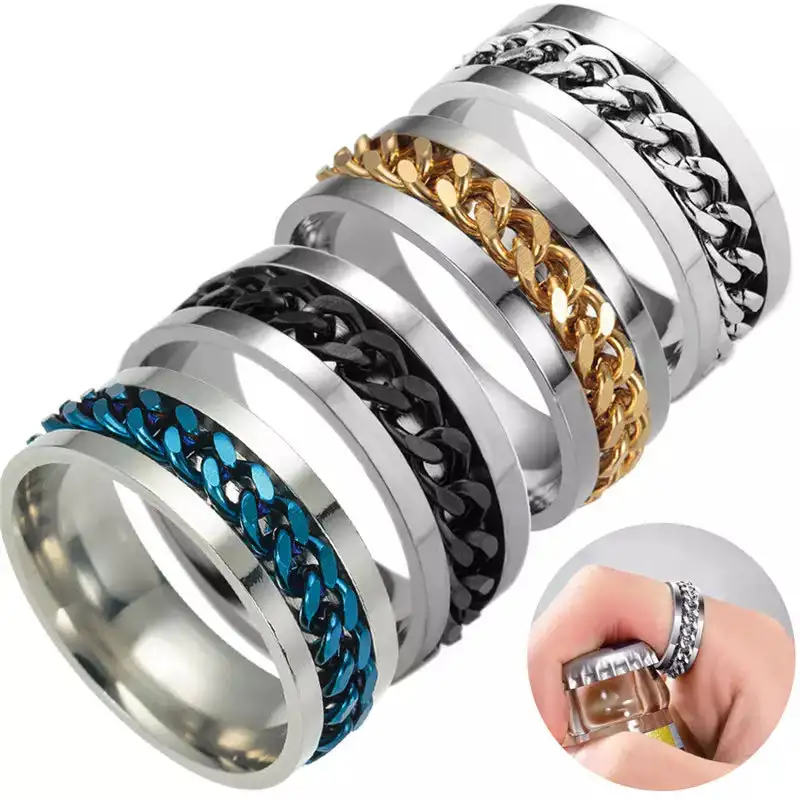 New Titanium Steel Beer Bottle Opener Jewelry Cool Men Rotating Ring Accessories Stainless Steel Cuban Link Spinner Chain Ring