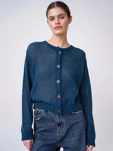 Suéter Casual Midi con Botones Delanteros de Diseño Minimalista para Mujer, Marca Blubelle, Otoño Invierno, Color Sólido, Cárdigan de Punto Fino - Product Image 6
