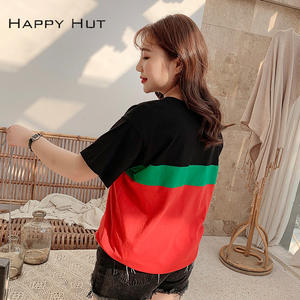 Happy Hut T-shirt brodé color-block pour femme, jersey noir à manches courtes, respirant N6921 - Product Image 4