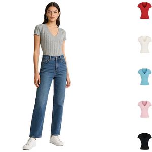 V-Neck Short-Sleeve Knit T-Shirt Top for Women Slim Fit Sexy/Versatile Style - Product Image 1