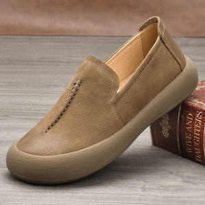 Mocassins en cuir véritable pour homme, printemps-automne, bout rond, antidérapants, semelle en caoutchouc, chaussures de marche - Product Image 1