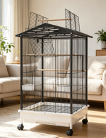 Cage à oiseaux pour perroquets noire, moderne et simple, à dessus ouvert, avec cadre en acier inoxydable, support à roulettes, perchoirs métalliques et mangeoires.