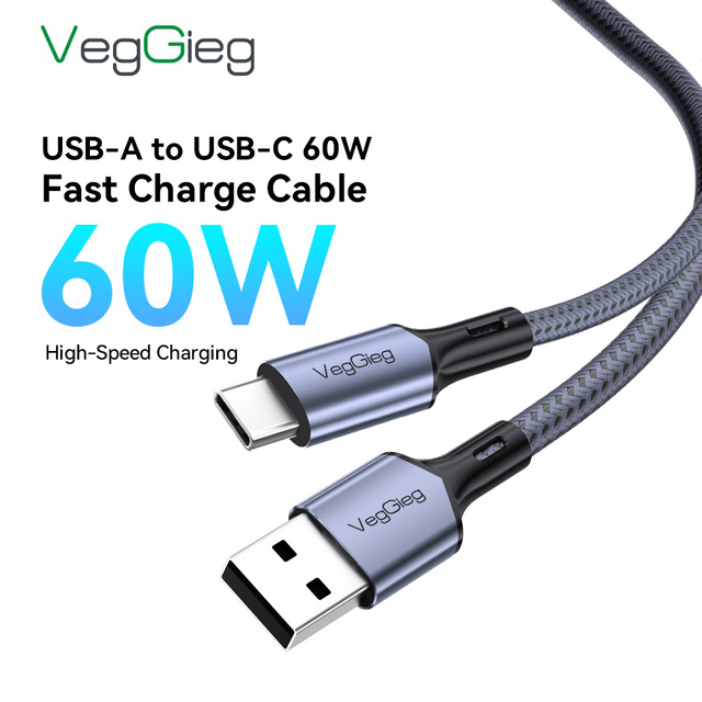 VegGieg USB a to USB C Braided Cable 60W High Speed Fast Charging Aluminum Alloy Type C Charger Cord for Phone Tablet