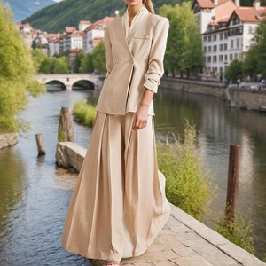 Nouvel ensemble décontracté 2 pièces tendance : pantalon large taille haute à coupe droite et haut à col en V à manches longues avec laçage - Product Image 1