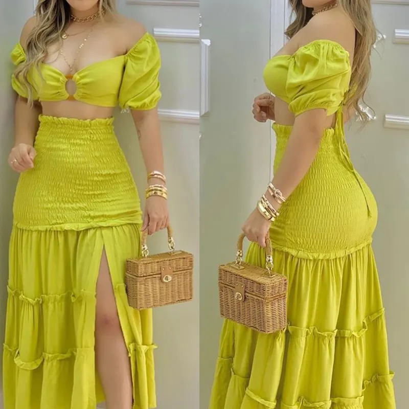 New Sweet One-Shoulder Hollow Short-Sleeved Top With High Slit Women'S Skirt 2-Piece Set