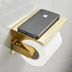 Gold kitchen bathroom towel roll holder dispenser stainless steel 304 gold paper tissue toilet holders with shelf