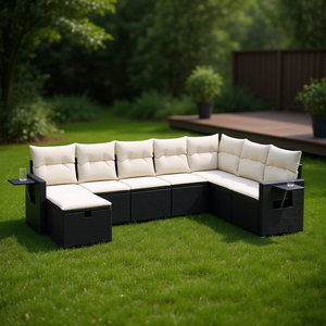 Grand ensemble de canapés de jardin en polyrotin noir avec coussins en mousse haute densité, mobilier d'extérieur au design contemporain - Product Image 2