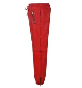 Pantalones de Mujer Personalizados 100% Cuero Nappa Rojo Vintage con Detalle de Correa Naranja, Acabado Vintage, Marca Privada OEM - Product Image 3
