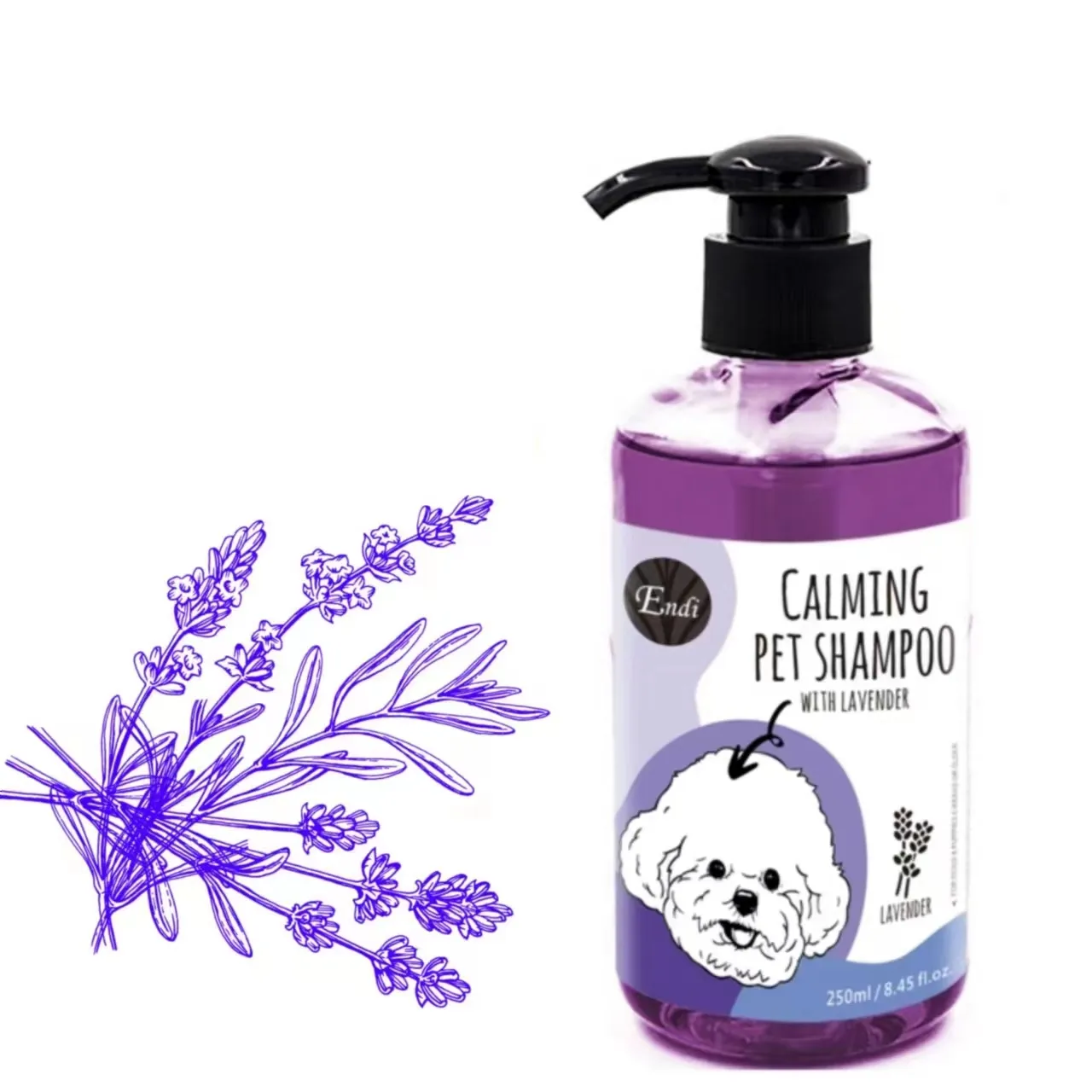 Özel etiket doğal lavanta Extacts ve aspir yağı bakım evcil hayvan şampuanı organik toptan köpek şampuanı