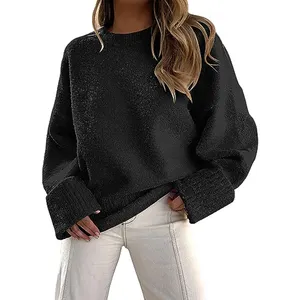 Kai Qi Clothing New Black Women's Crew Neck Long Sleeve Over Sized Fuzzy Knit Chunky Warm Pullover Sweater Top Sweater