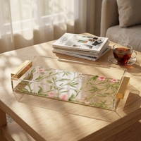 Plateau de rangement de luxe léger en acrylique transparent imprimé floral avec poignée à bord doré pour cosmétiques de salle de bain et de bureau