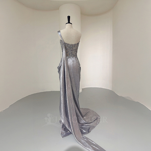 Nt132 Custom Couture <b>Silver</b> Mermaid Evening <b>Dress</b> With Metallic Fabric Beaded Lace And Draped Shoulder Scarf Jancember - Product Image 5