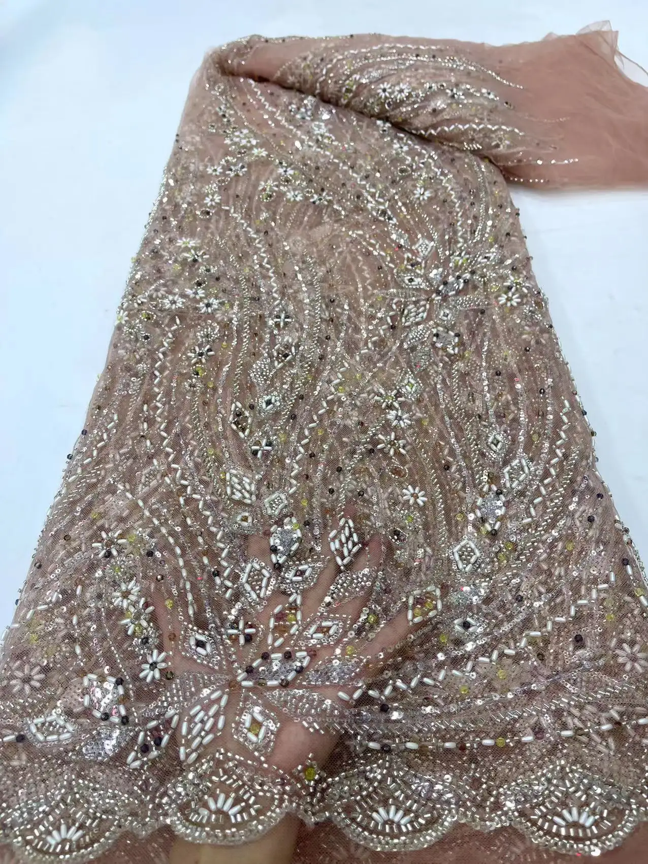 Latest 2024 fabric heavy Handmade embroidery beaded bridal lace fabric luxury beaded lace fabric for wedding evening dress