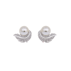 Boucles d'oreilles à plumes en or blanc E4151 avec strass en cristal pour femmes, bijoux classiques de mariage - Product Image 1