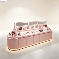 Vitrine murale rose personnalisée pour cosmétiques, avec 3 étagères inclinées combinées, présentoir de maquillage et éclairage LED