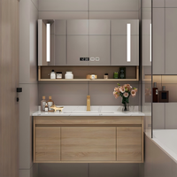 Tocador de baño de diseño moderno montado en la pared con espejo LED tocador de espacio de almacenamiento grande personalizado
