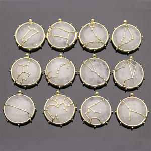 Ciondolo Collana in <span class=keywords><strong>Pietra</strong></span> Naturale Quarzo Rosa con Ciondoli Zodiacali a Stella dell'Oroscopo - Gioielli con 12 Segni Zodiacali in Cristallo Rotondo all'Ingrosso - Product Image 1