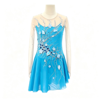 Robe de patinage bleu roi à col rond, manches longues en maille nude, ornée de strass floraux, pour enfants et adultes, compétition et performance