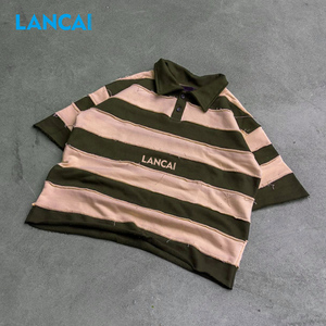 เสื้อโปโลแขนยาวสไตล์รักบี้สำหรับผู้ชาย ผ้าฝ้ายเนื้อหนักฟอกหินแบบวินเทจ ดีไซน์ลายทางแบบกำหนดเอง แต่งขาดแบบดิสเทรส - Product Image 3