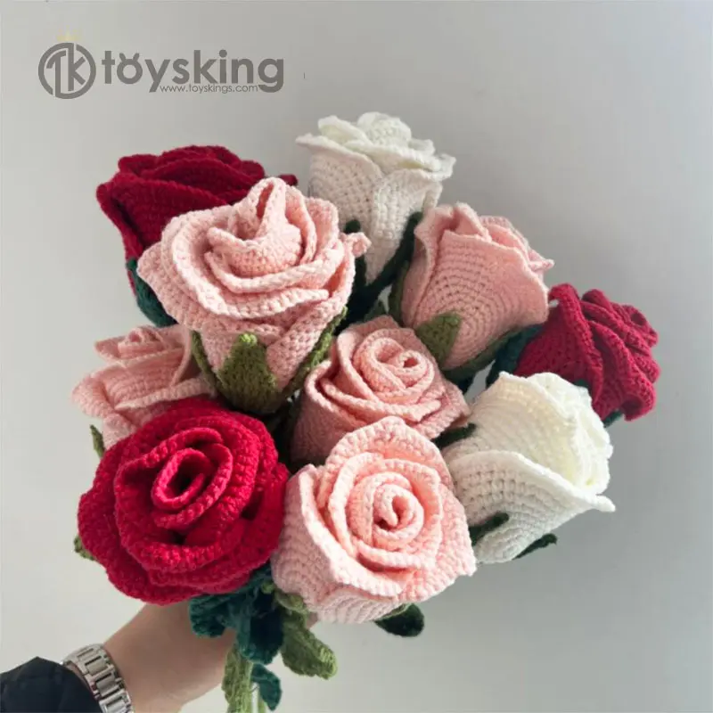 Crochet Artificial Flower Rose Plant Bouquet Valentine's Day Gift Wedding Decoration Handmade Stem Rose Finished Products