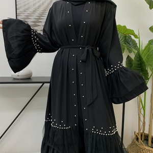 1828# Black Open <b>Abaya</b> With White Pearls Many Layers Pleated With Dreamy Mesh Fashion Classy Popular Ladies <b>Abaya</b> - Product Image 2