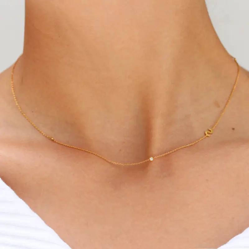 Stainless Steel 18K Gold PVD Plated Dainty Minimalist Zircon Alphabet Letter Necklaces Jewelry Sideway Initial Necklace