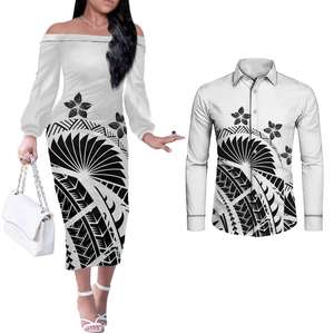 Polynesische Tribale Bijpassende Outfits Voor Koppels Lange Mouwen Off Shoulder Jurk En Shirt Set Met Eiland Patroon Lage Moq - Product Image 4