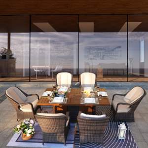 DB Direct Durable Wicker 7 PCS Patio Dining Set Gas Firepit Ice Container Rectangle 6 Chaises à hauteur standard pour usage extérieur - Product Image 3