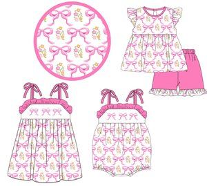 Tenues pour enfants avec imprimé floral de jardin personnalisé, nœuds floraux, shorts, robes à volants, barboteuse à bulles pour bébé, vêtements assortis pour sœur et bébé - Product Image 1