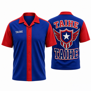 Camisa Polo de Manga Corta Azul y Roja para Hombre, con Botones, Informal, Tejida, Transpirable, 100% Poliéster, con Logotipo Personalizado Estampado, Camisas de Boliche - Product Image 1