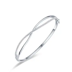 Bulk Verkoop Op Maat Gemaakte Manchet Pols Sieraden Armband 925 Sterling Zilver Eenvoudige Lijn Kruis Zirkoon Open Armband Fijne Sieraden