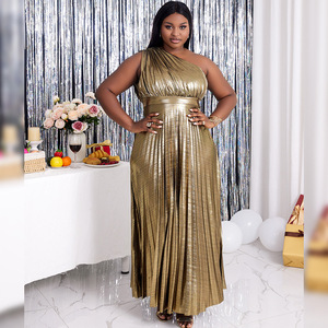 Modeste élégant or une épaule précipité plissé Maxi robe de soirée - Product Image 1