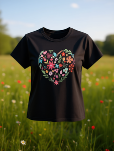 T-Shirt da Donna con Cuore Floreale, Manica Corta, Collo Tondo, 100% Cotone, Casual, Primavera-Estate, Comoda, in Jersey con Design Stampato - Product Image 2