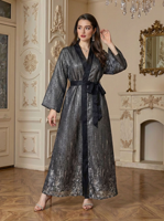 Abaya en polyester brillant jacquard à col ouvert, ceinturée, kimono à manches larges, robe maxi élégante à fleurs pour femmes musulmanes, pour soirée