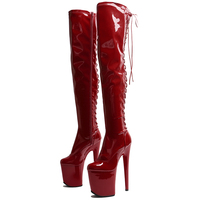 20CM / 8 pouces brevet PU supérieur femmes mode tendance talon haut plate-forme dos à lacets Stretch cuisse haute botte pôle bottes de danse