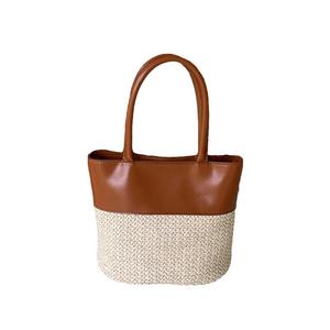 Summer Straw Tote <b>Bag</b> Brown White <b>Patchwork</b> Weaving Magnetic Buckle Everyday Outfits Spring 2024 - Product Image 5