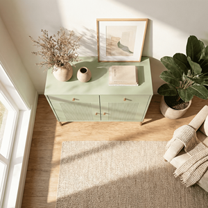Elegant Modern <strong>Green</strong> Bedroom &amp; Living Room Sideboard Textured Fluted Doors Gold Metal Handles 2 Drawers Stylish Storage <strong>Cabinet</strong> - Product Image 4